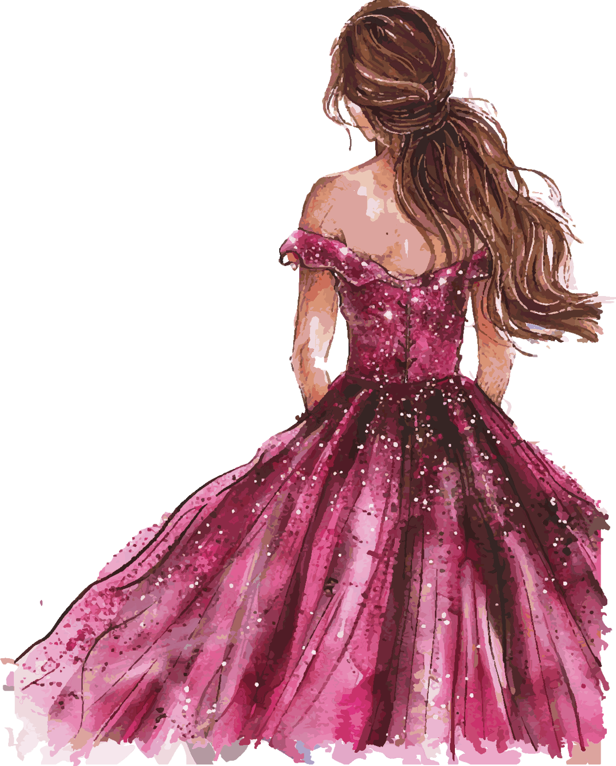 Ilustración en acuarela de una quinceañera de espaldas con vestido fucsia